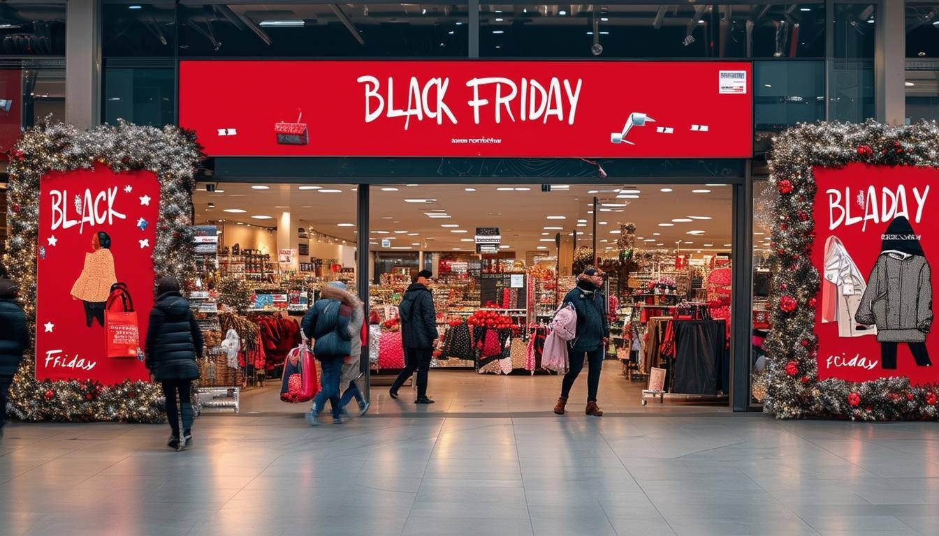 un establecimeinto decorado con carteles atratctivos por el black friday, que llaman a la compra